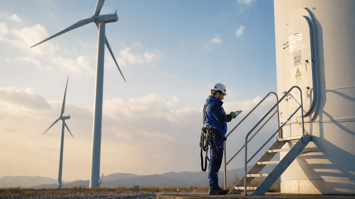 A man with iPad in hand standing near windmills