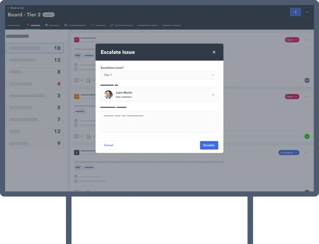 Screenshot of Poa huddle board escalation on a large screen