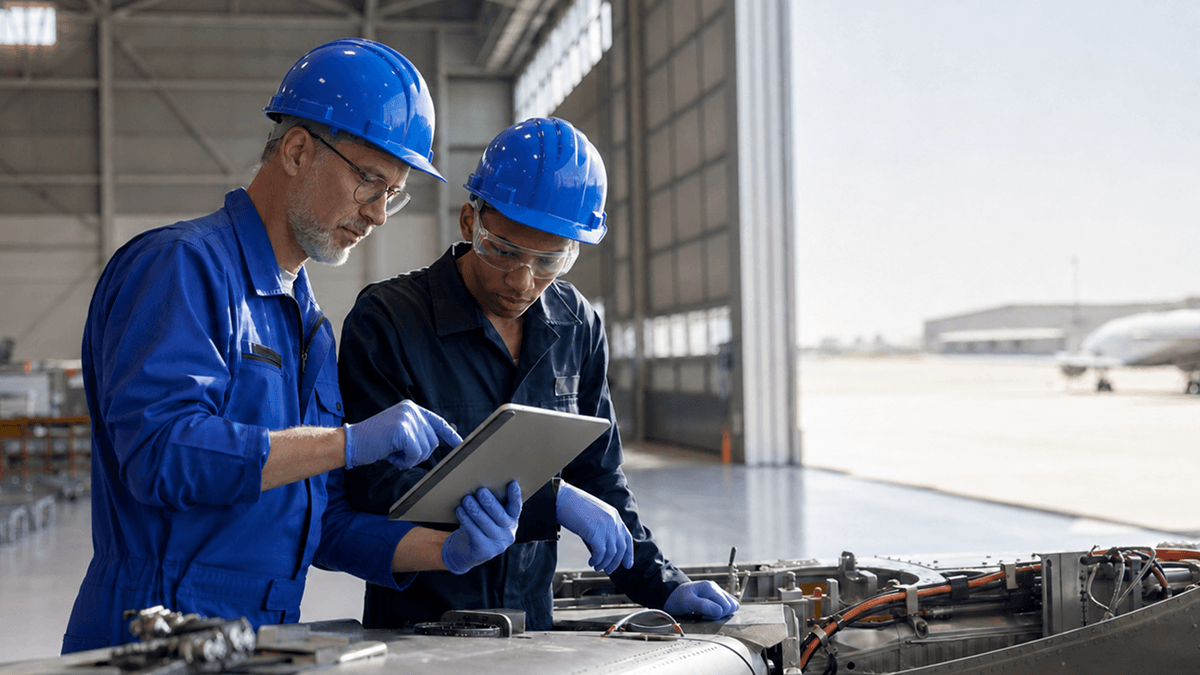 Two industrial workers reviewing information on a tablet